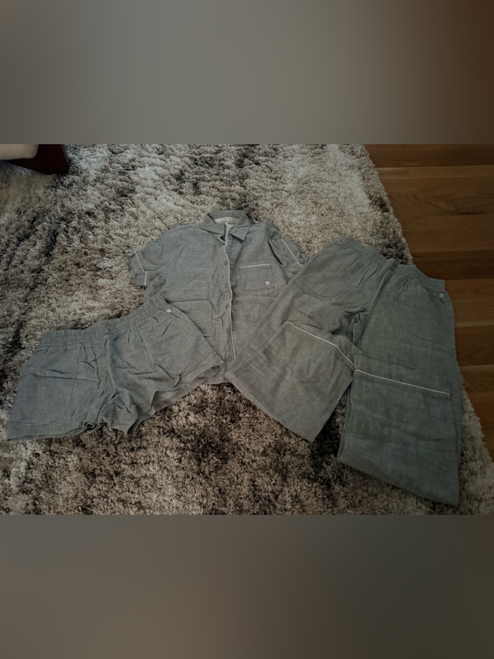 Light Gray Three - Piece Lounge Set - Button-Up Top , Shorts & pants